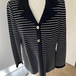 St. John Collection Knit Button Front Jacket | Black with Cream Stripe Size 8